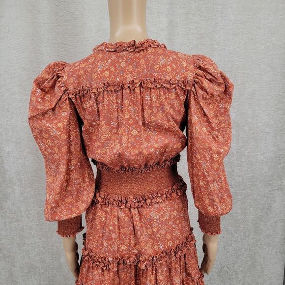 House of Harlow 1960 Wallis Rust Mini Dress Nicole Richie Floral Smocked - Picture 7 of 11
